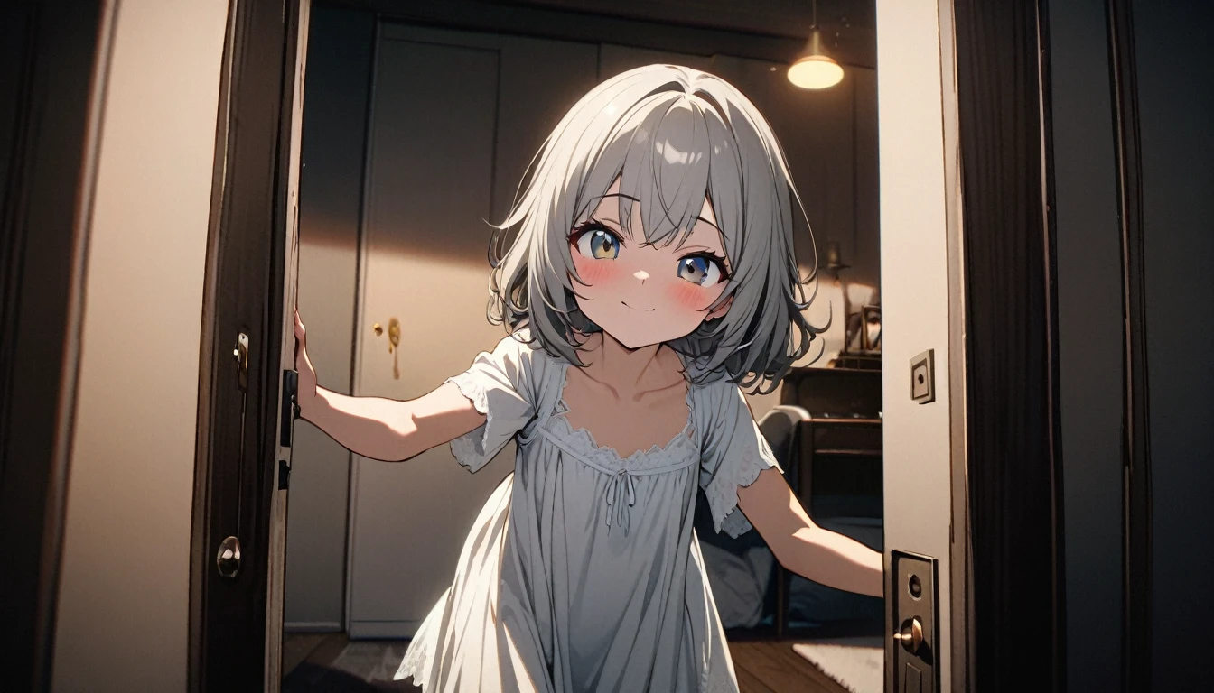 best quality, super fine, 16k, incredibly absurdres, extremely detailed, small girl opening the bedroom door, blushing, slightly smiling at camera, white nightgown, full body, dim lights, (magnificent view:1.1)