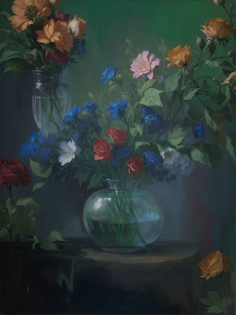 Vase of flowers with green background, inspired by:Anna Fuseli,Huge background canvas,The canvas has wrinkles.