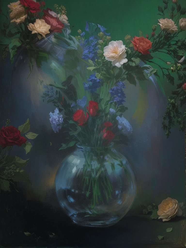 Vase of flowers with green background, inspired by：Anna Fuseli,Huge background canvas,The canvas has wrinkles.