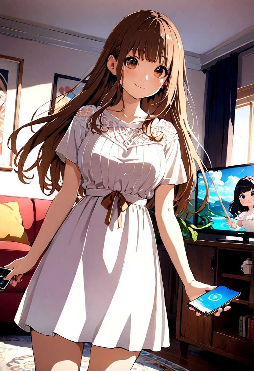 ((1girl)), super fine illustration, vibrant colors, absurdres extremely detailed CG, 8k wallpaper, (masterpiece:1.3), dynamic angle, dynamic pose,
best quality, depth of field, cinematic lighting, ultra detailed, brown long hair, very straight hair, large breast, white knit dress , 20yo, cute, very , brown eyes, kawaii, smile, droopy eyes, arms at sides, smartphone, modern living room, peace sign, The screen of the smartphone in his hand is facing towards me