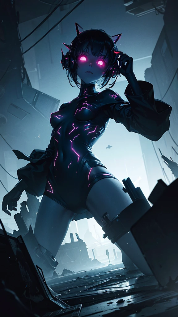 
A hauntingly dark scene set in the vast emptiness of space. In the foreground, a derelict spaceship drifts aimlessly, its once sleek and shiny exterior now battered and covered in alien growths and debris. The ship’s lights flicker sporadically, casting eerie shadows. The background shows the infinite expanse of stars and a distant, menacing nebula swirling with dark and ominous colors. In one of the spaceship’s shattered windows, a glimpse of a monstrous entity with glowing eyes can be seen. The title "Echoes of the Void" is written in a chilling, futuristic font, glowing faintly with an otherworldly blue hue. The overall tone of the cover is dark and foreboding, hinting at the horror and mystery within.

