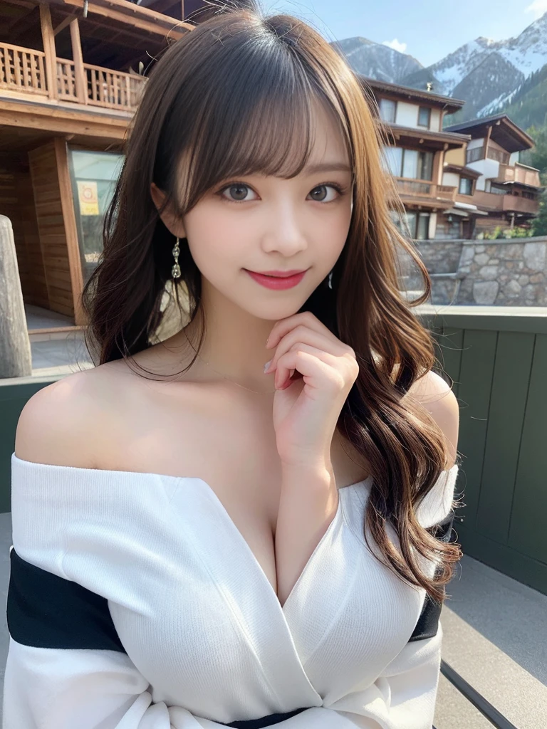 masutepiece, Best Quality, Illustration, Ultra-detailed, finely detail, hight resolution, 8K Wallpaper, Perfect dynamic composition, Beautiful detailed eyes, off-shoulder kimono ,Long Hair, mid-chest, Natural Color Lip, Random and sexy poses,Smile,20 years girl　Colossal tits、Ski Resort、White sheer body stockings、