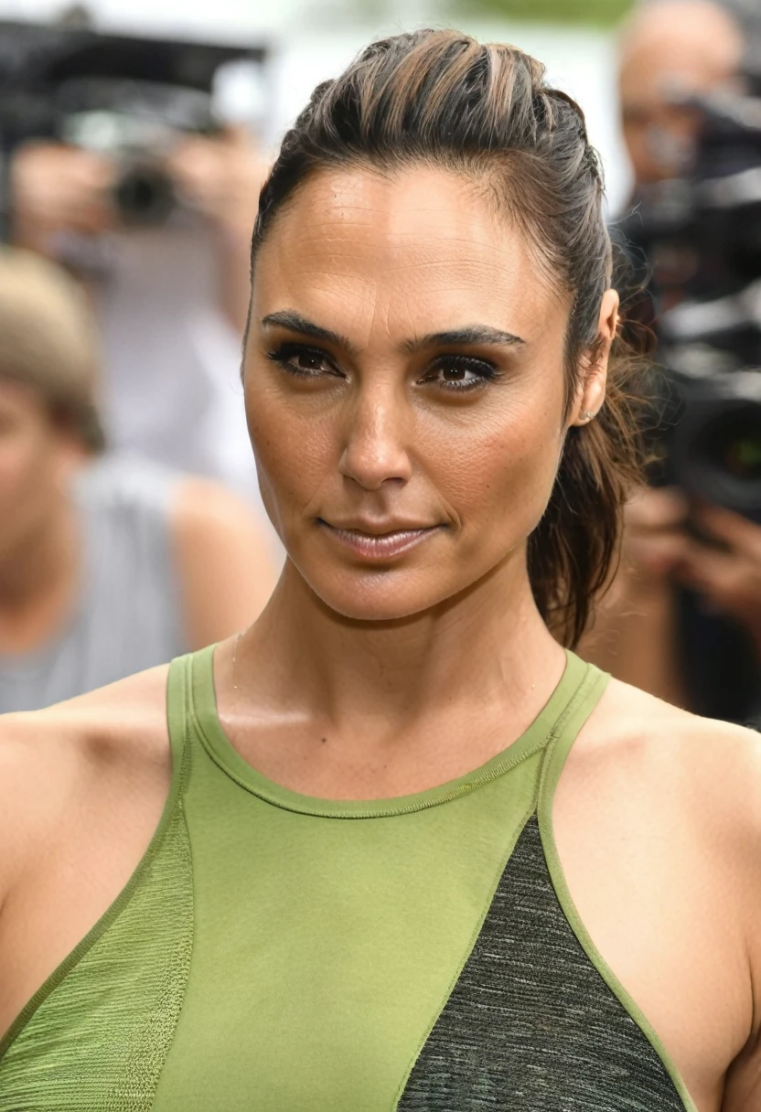 (high quality Erotic celebrity photograph ) ( galxgadt, pony ,GalGadot, exhausted , detailed gorgeous face, 40yo sexy woman, at a beach side , brown buttery skin tone, shiny make-up ,( show her side , side boob tanktop her hair pulled back,pony tail, incredibly sweaty light green tank top, transparent tank top, portrait body shot ) photorealistic ) , celebrity erotic photograph , oily skin , shiny sweaty skin , celebrity, female, woman, hollywood actress, fleshy fit woman , ( perfect anatomy ,photorealistic lights, depth of field, insanely detailed skin texture, hyper detailed features, hyper photorealistic texture )