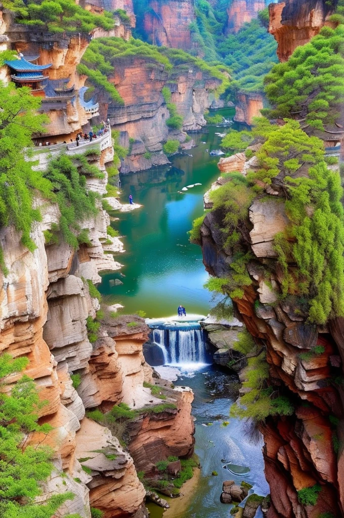 a view of a river running through a canyon surrounded by trees, Unbelievably beautiful, baotou china, Beautiful nature, ( Visually stunning, qiangshu, Beautiful images, The above points, Waterfalls and lakes, canyon, Very extremely beautiful, Stunning sight, scenery is beautiful, Xianxia, By An Zhengwen, very scenery is beautiful, 山中canyon