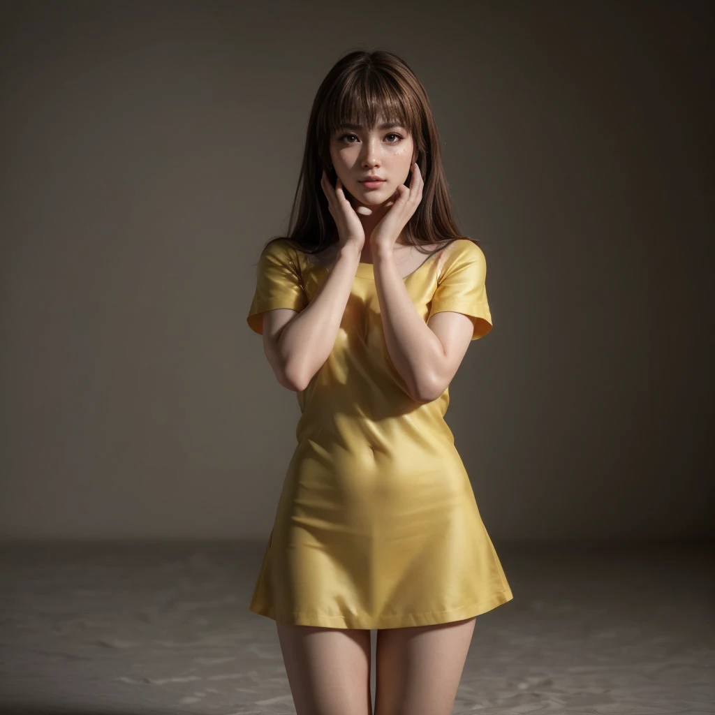 Kasumi, brown eyes, (best quality, ultra-detailed), (realistic:1.37), beautiful and detailed face, ultra-realistic texture, delicate face, delicate body, red lipstick, bright colors. High definition, 8K.