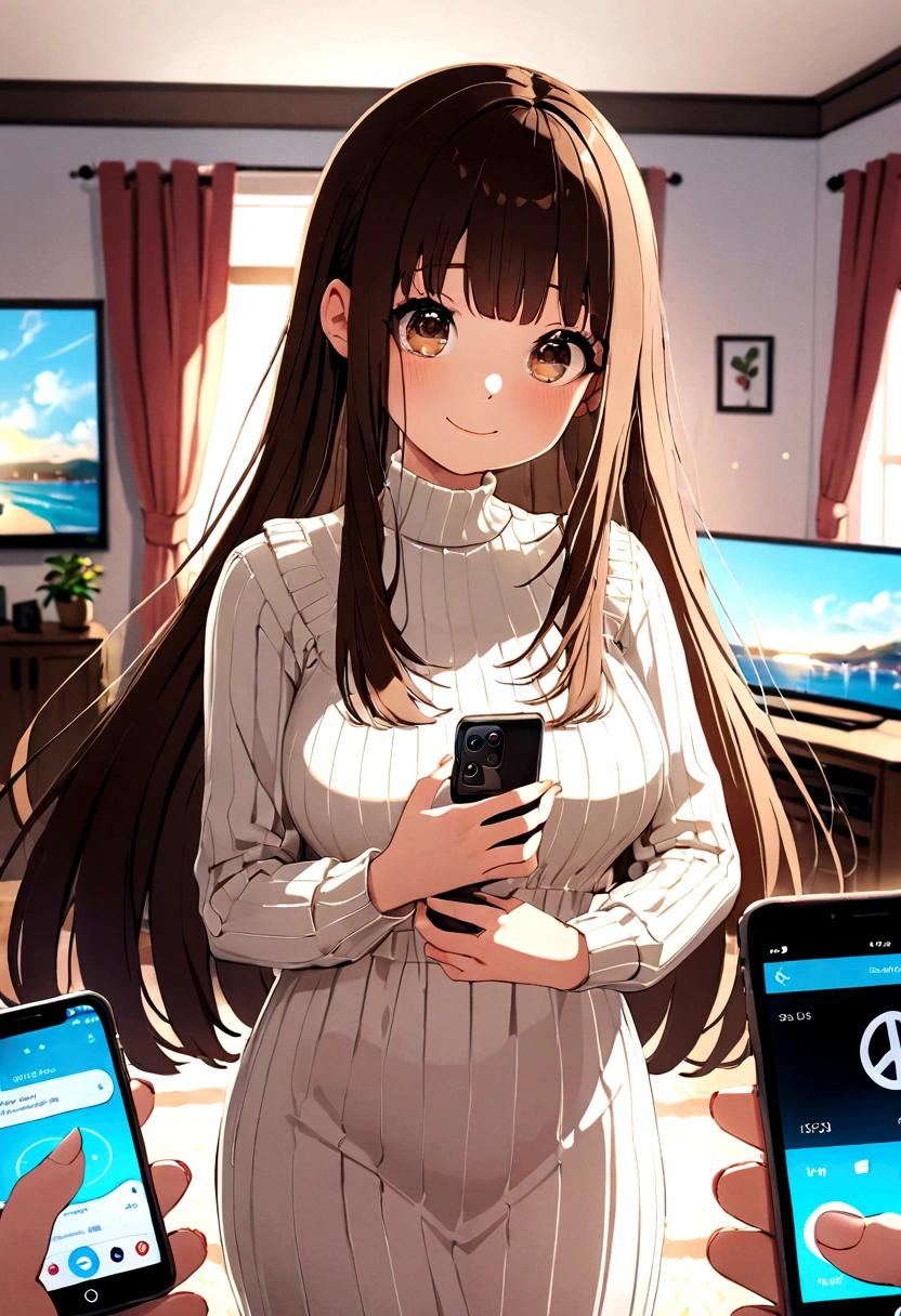 ((1girl)),  super fine illustration, vibrant colors, absurdres extremely detailed CG, 8k wallpaper, (masterpiece:1.3), dynamic angle, dynamic pose, 
best quality, depth of field, cinematic lighting, ultra detailed, brown long hair, very straight hair, large breast, white knit dress , 20yo, cute, very baby face, brown eyes, kawaii, smile, droopy eyes, arms at sides, smartphone, modern living room, peace sign, The screen of the smartphone in his hand is facing towards me