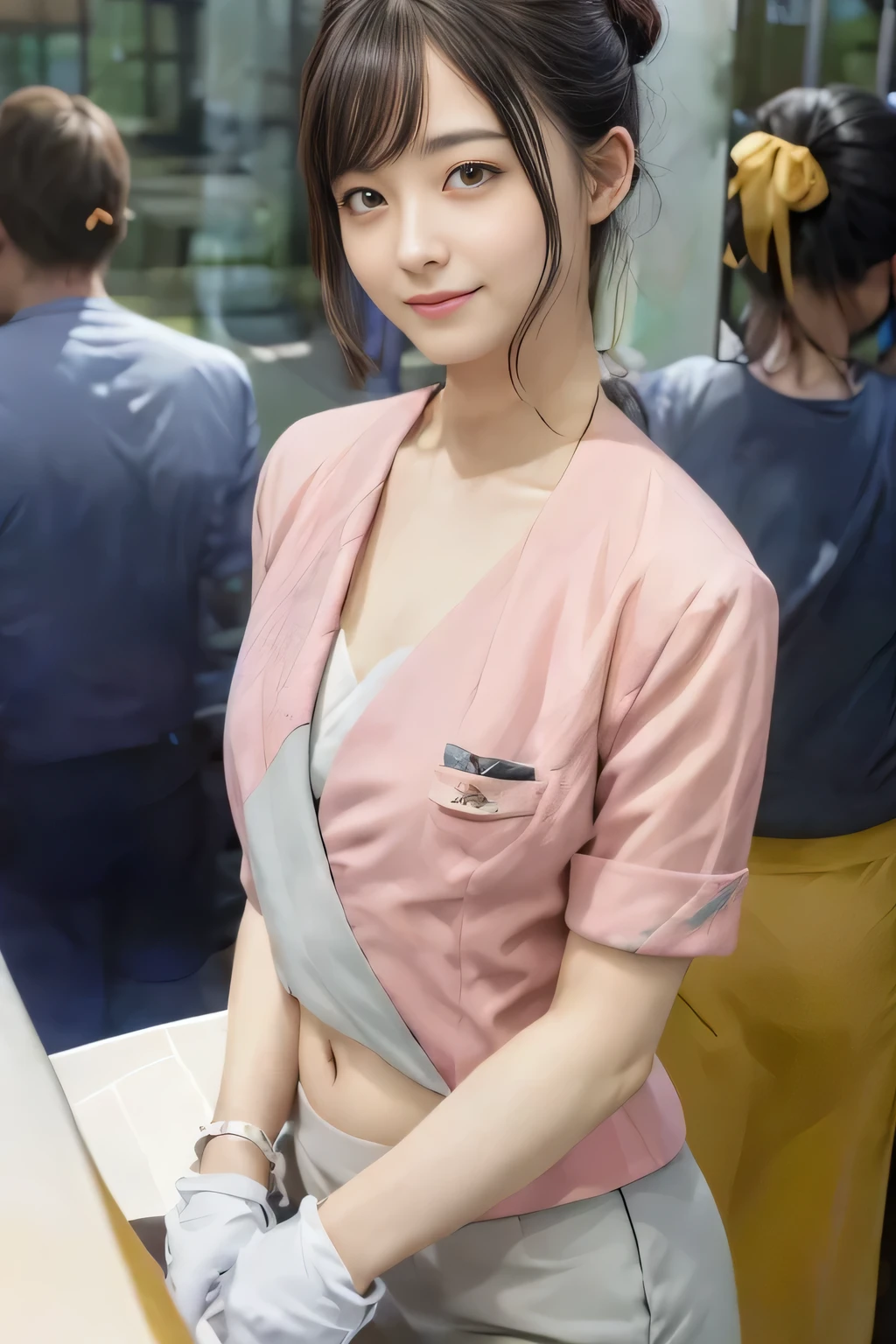 Showing your belly button、(masterpiece:1.2, Highest quality:1.2), 32k HDR, High resolution, (alone、1 girl)、 (Height: 160cm)、（On the rooftop of a building in the daytime、Professional Lighting）、Building rooftop background、（Nankai train crew uniform pinkを着たリアルスタイル）、（Nankai train crew uniform pink short sleeve collarless pink jacket、Nankai Train Crew Uniform Pink Collarless Short Sleeve Blouse、Nankai Train Crew Uniform Pink Grey Knee-length Culottes）、（The pink jacket is showing from the culottes.）、Dark brown hair、（Hair tied up、Hair tied up、Evening curly hairstyle）、Dark brown hair、Long Shot、Big Breasts、Thin legs、（（Great hands：2.0）），（（Harmonious body proportions：1.5）），（（Normal limbs：2.0）），（（Normal finger：2.0）），（（Delicate eyes：2.0）），（（Normal eyes：2.0））)、smile、（Nankai Train Crew Uniform Pink Grey Knee-length Culottesを見せた美しい歩く姿）、Place your hands around your stomach