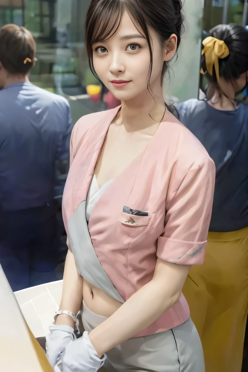 Showing your belly button、(masterpiece:1.2, Highest quality:1.2), 32k HDR, High resolution, (alone、1 girl)、 (Height: 160cm)、(On the rooftop of a building in the daytime、Professional Lighting)、Building rooftop background、(Nankai train crew uniform pinkを着たリアルスタイル)、(Nankai train crew uniform pink short sleeve collarless pink jacket、Nankai Train Crew Uniform Pink Collarless Short Sleeve Blouse、Nankai Train Crew Uniform Pink Grey Knee-length Culottes)、(The pink jacket is showing from the culottes.)、Dark brown hair、(Hair tied up、Hair tied up、Evening curly hairstyle)、Dark brown hair、Long Shot、Big Breasts、Thin legs、((Great hands:2.0)),((Harmonious body proportions:1.5)),((Normal limbs:2.0)),((Normal finger:2.0)),((Delicate eyes:2.0)),((Normal eyes:2.0)))、smile、(Nankai Train Crew Uniform Pink Grey Knee-length Culottesを見せた美しい歩く姿)、Place your hands around your stomach