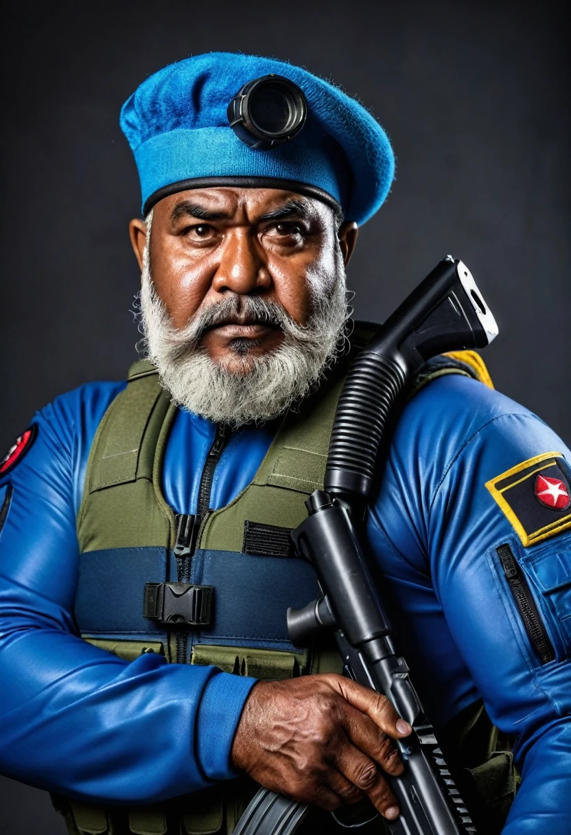 (a dark-skinned bearded fat old man in a bulky blue zipper diver suit) holding a gun and (wearing army beret on his head), muscular, Basuki Abdullah, sumatraism, action, a character portrait, heroic, fierce, furious