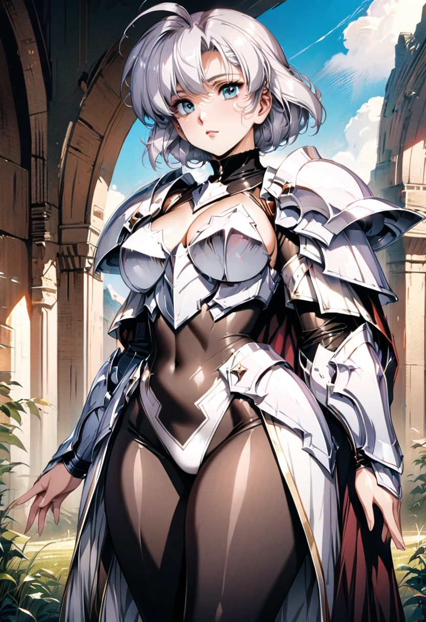 ((highest quality)), ((masterpiece)), ((hyperrealistic)), (detailed background), shoot from side, anime style, solo, 1girl, ((curvy: 1.2)), kawaii, ((armor dress: 1.3)), silver short hair, ahoge, (white paladin armor), ((high neck leotard bodysuit)), ((large breasts)), ((arm guard gauntlet)), (half cup breastplate), waist armor, ((see-through black bodystocking)), (big butt), perfect cloak, beautiful aqua eyes, perfect face, Perfect hands, perfect fingers, Blue sky and grassland,