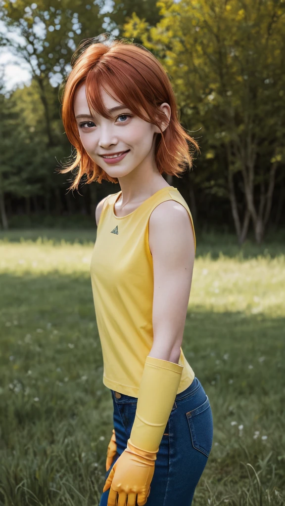 masterpiece, best quality, high resolution, soradef, one , alone, blushing, smiling, short hair, orange hair, helmet, orange eyes, digimon, yellow shirt, shirt, sleeveless, pants, jeans, red gloves, cowboy shot, looking at viewer, standing still, outdoors, grass, field, woods, sunlight, sky, blue sky,Realistic images, highest quality, evil aura, rage