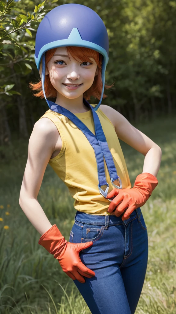 masterpiece, best quality, high resolution, soradef, one , alone, blushing, smiling, short hair, orange hair, helmet, orange eyes, digimon, yellow shirt, shirt, sleeveless, pants, jeans, red gloves, cowboy shot, looking at viewer, standing still, outdoors, grass, field, woods, sunlight, sky, blue sky,Realistic images, highest quality, evil aura, rage