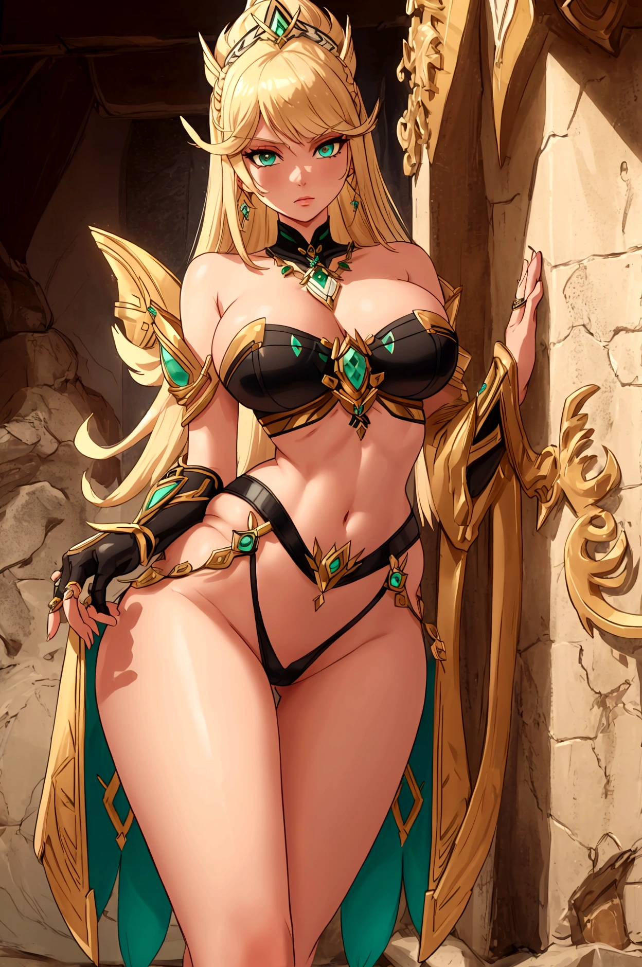 8K, Top Quality, Intricate Details, Ultra Detail, Ultra High Resolution, Masterpiece, Mythra from Xenoblade 2, milf; blonde hairs and incredible long; strong makeup; sensual midriff; wearing jewelery, necklace, earrings, dress, visible fancy thong strings; gloves ,rings, best quality, expressive eyes, perfect face, masterpiece, slim body, very long legs, detailed stomach, detailed hips, detailed legs, carefully drawn toes, carefully drawn feet, carefully drawn hands, best quality, drawn with careful, Dynamic Angle, Highly detailed, seductive eyes