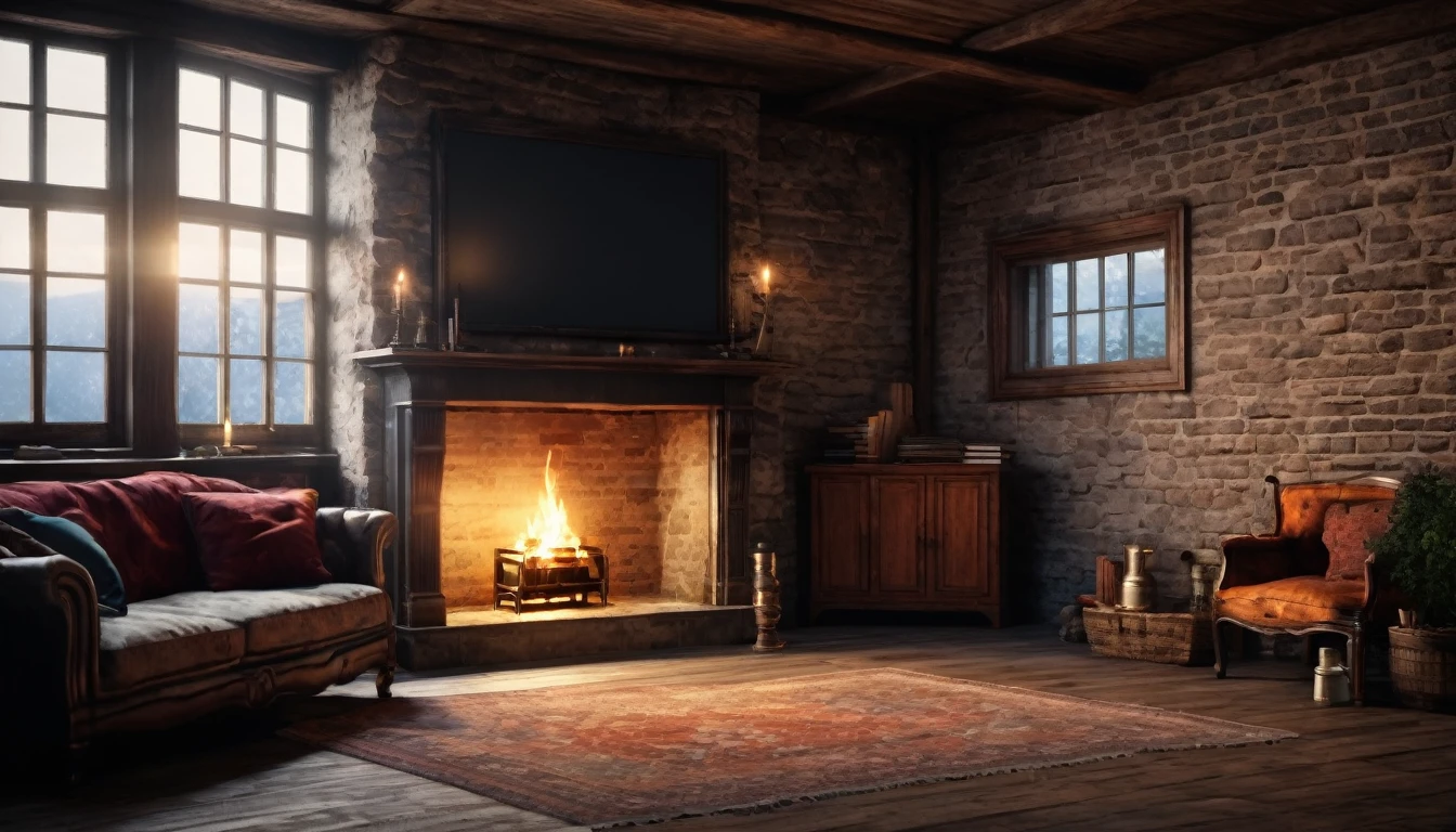 An image of an old room with a lit fireplace, PICTURE REALISTIC, high resolution, 8K 