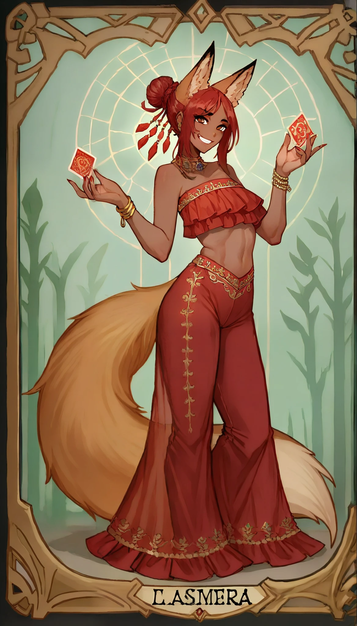 score_9, score_8_up, score_7_up, score_6_up, score_5_up, score_4_up, 
female, (fox:1.2), animal ears, animal tail, holding (2 red magic Crystals on hands), (hands_up) , jewelery, hair_bun, dark_skin, dark_skinned_female, red hair, brown eyes, eyelashes, smile, frills, (Translucent croptop, arabic pants),
Full body standing painting, (((solo))), Simple line design, ((tarot card background, symmetric beauty)), perfectly symmetrical, The art of symmetry, Standing drawings of characters, ((flatcolors)), tmasterpiecetop Qualities qualtiy