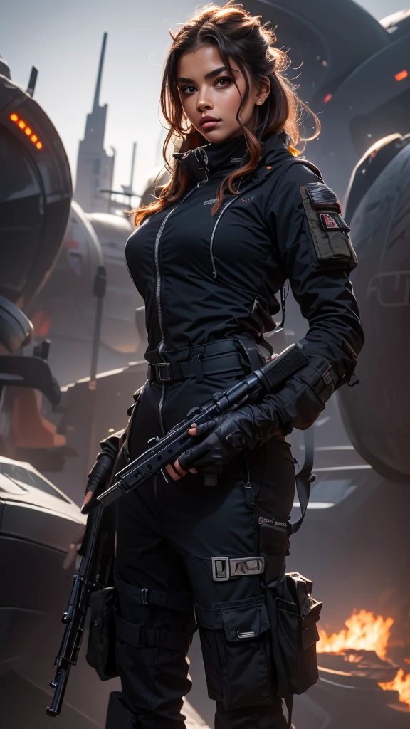 a woman holding an assault rifle in front of a futuristic spaceship, extremely detailed, hyperrealistic, fantasy art, eternal fatality, female assault soldier, sky planet background, inspired by Jan Victors,  with shotgun in foreground, oriana, grey orange tones, Dune (2021) style, 16:9 ratio, 5.1 surround sound