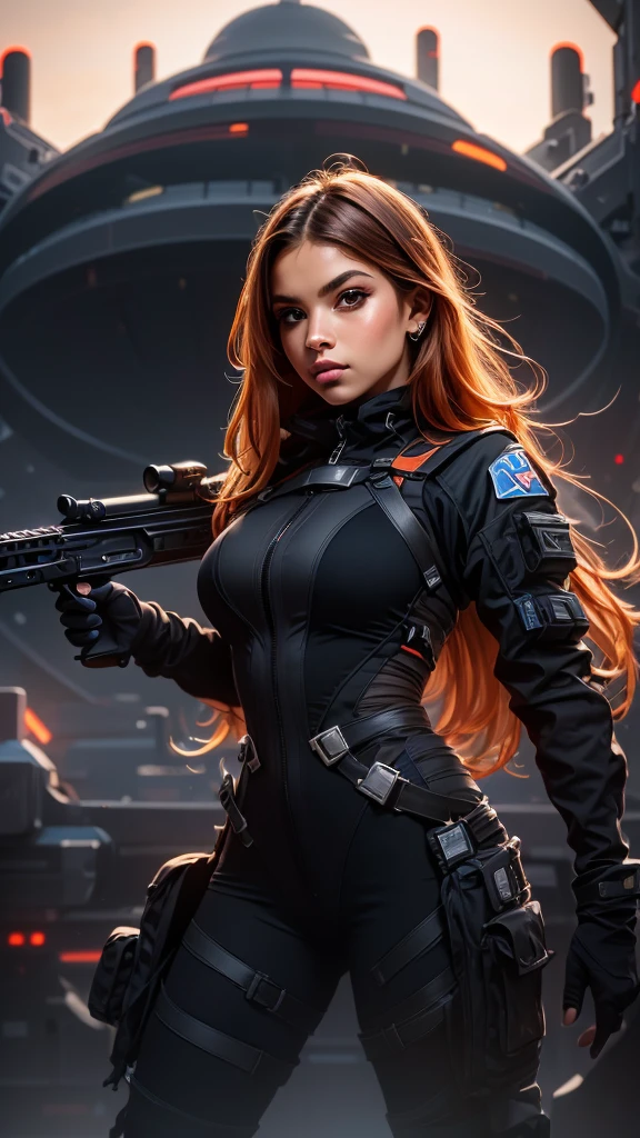 a woman holding an assault rifle in front of a futuristic spaceship, extremely detailed, hyperrealistic, fantasy art, eternal fatality, female assault soldier, sky planet background, inspired by Jan Victors,  with shotgun in foreground, oriana, grey orange tones, Dune (2021) style, 16:9 ratio, 5.1 surround sound