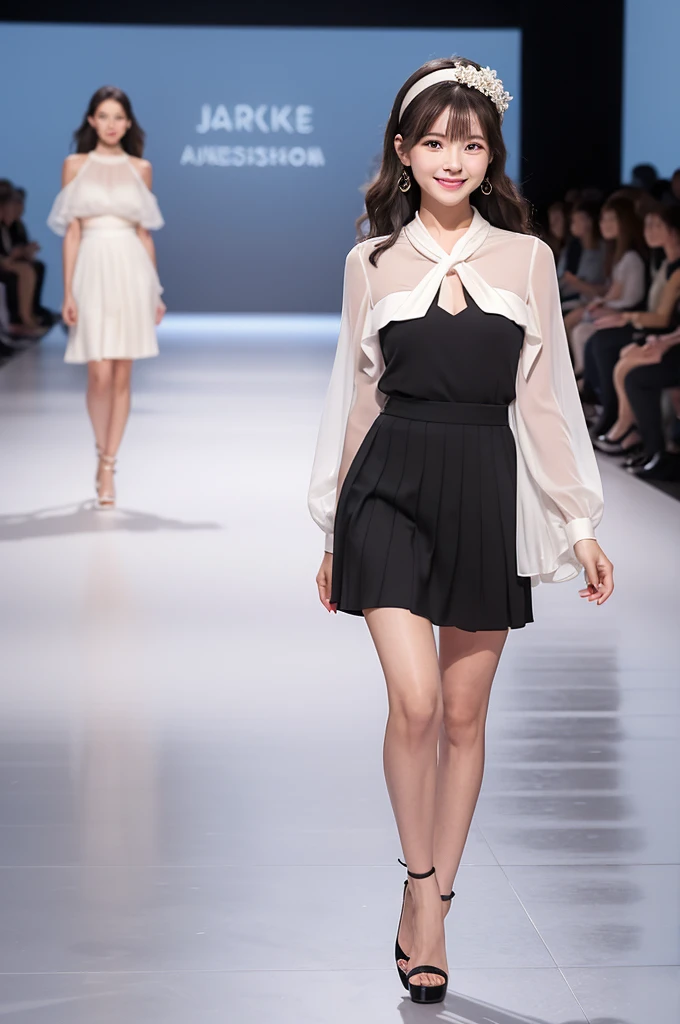 The finely pleated skirt sways gracefully.、Sheer blouse、Walking towards me on the runway at a fashion show、The eyes are round and large.、A woman with a cute smile that shows her white teeth, a large bust, a small waist, and a slender figure.、White skin、Japanese woman with long wavy hair、A cute round-faced 20-year-old girl、Slim figure、Wearing high heels、A bright, photographic-quality image showing your entire body, from your high heels to your head、Walking towards me on the runway at a fashion show