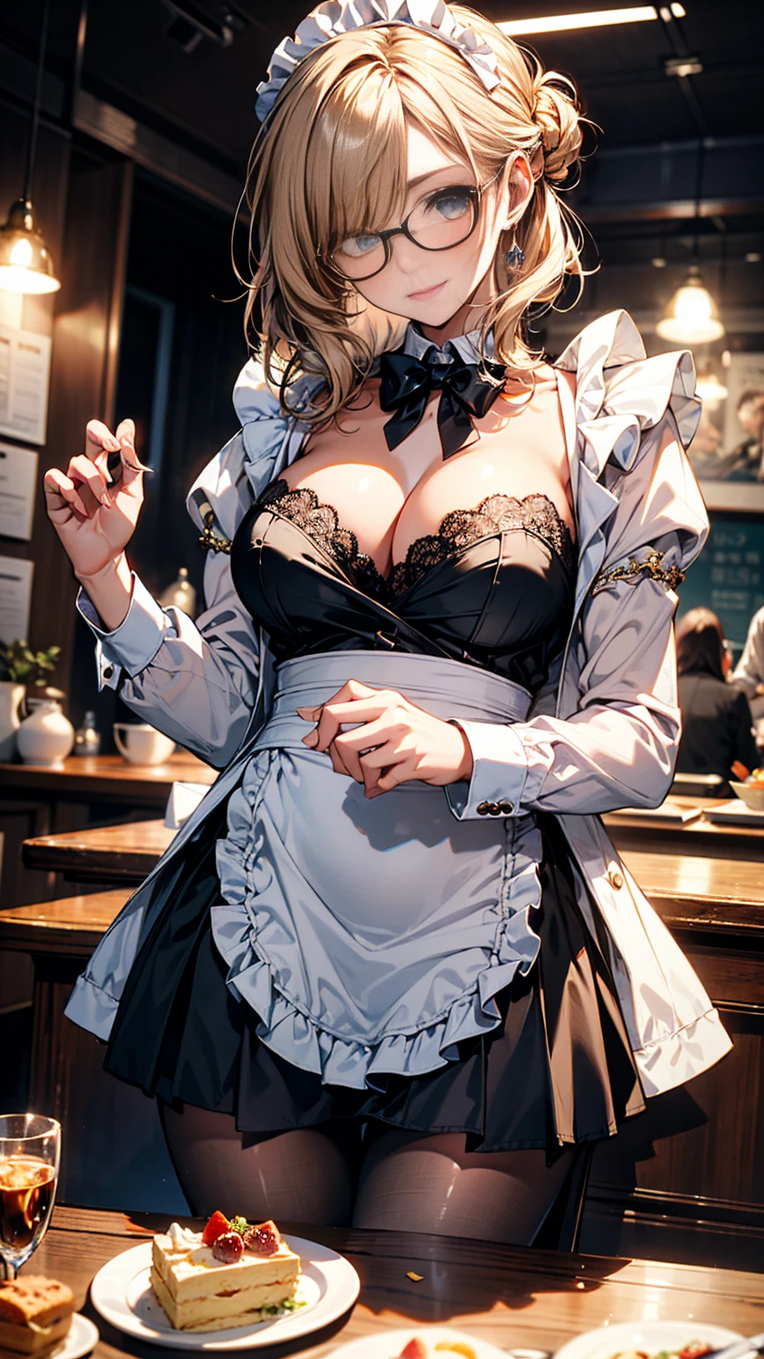 (Highest quality, masterpiece), (Ultra-high resolution, 8k RAW photos, Photorealistic:1.5, Cinema Lighting, Fabric Shading, Thin contours, Clear focus:1.2), Beautiful mature woman making tea_Garden party, Standing by the round table, Serve tea, Leaning forward, (Meisen tea set, you can, Tea cup, Some cakes on a plate), Delicate and elegant Roman style white table with gold accents and royal decorations_green, Light wear_茶色のMaid clothes, Cleavage, Maid clothes:1.2, Long Flared Skirt, apron, Bow tie on chest, Tall Sally, Long legs, Gray Hair, (Wearing thin glasses:1.2), (Mature Woman:1.5, 28 years old, alone), (Large Breasts, Saggy breasts, big , Tight waist), (medium short Gray Hair, Hair on one eye, (Updo:1.2), Side Lock, Asymmetrical Hair, Wavy Hair), (Bright Eyes, Fine eyes with highlights, A face with attention to detail, perfect face shape, Bloodshot eyes), (A seductive smile, Half-close your eyes:1.2), (Looking at the audience:1.3), (Dutch Angle, whole body, From below:1.2), ((Correct Anatomy:1.5, The right move)), (Ideal body proportions), (Outdoor:1.2, grassland),