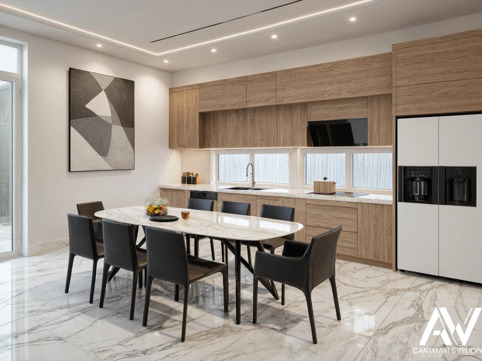 Modern, sleek, and stylish interior design. Large windows, high ceilings, and a clean, contemporary feel,Interior Design, kitchen room + dinning table with chair, (Modern style:1.2), (Modern interior space), (Modern furniture design), (space that realistically describes the minimalist interior of a townhouse), soft lines detail rendering realtime, (Warm LED 4000k white tone, Clean and comfortable, timeless, making the space appear clear), carpet, blanket cotton, (circle spotlight), (indoor), (neutral white mix light gray and black tone color), (white wall mix light gray wall design), (architectural design visualization), (reflection), (focus on object), (material normal bump real reflection), (multi-level reflection), (chao vantage software visualization render),(((Best Quality))), ((Masterpiece)), ((best illustration)), ((best shadows)), (( Super Detail)), (Intricate lines), (Photorealism),(hyper detail), ((archdaily)), ((award winning design)), (dynamic light), ((spotlight)), (perfect light), ( shimering light), ((photorealistic)), ((intricate detail)), ((extreme detail)), ((crazy detail)), ((octane render)), ((trending on artstation)), ((High- fidelity)), ((Viwvid)), ((Crisp)), ((Bright)), ((Stunning)), ((Eye-catching)), ((High-quality)),((Sharp)), ((day sun environment)), ((Illuminating)), ((Flawless)), ((High-quality)),((Sharp edge render)), ((medium soft lighting)), ((photographic render)) , ((detailed archviz)), ((reality environment)), (level of photo realism, depends on lighting, materials, composition, Real-Time Rendering, based on chao vantage timage rendering graphics software)