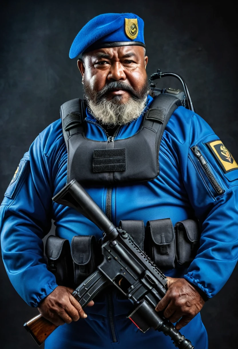 (a dark-skinned bearded fat old man in a bulky blue zipper diver suit) holding a gun and (wearing army beret), muscular, Basuki Abdullah, sumatraism, action, a character portrait, heroic, fierce, furious