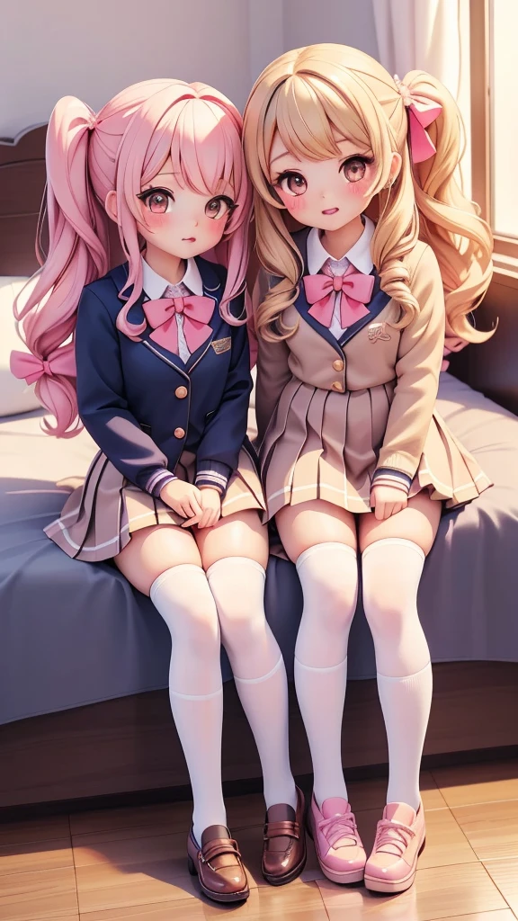 ((gyaru, 2girls)), (petite kawaii, bishojo), (beaming), (round eyes), ((masterpiece)), (best quality), (ultra detailed), ((highres)), (exquisite), (depth), (high standard), (beautiful and aesthetic), (super detailed skin), (perfect anatomy), (full body), (blush), (sun, school uniform), (socks), (big bow in hair), (lipstick), (own room), ((drool kiss))