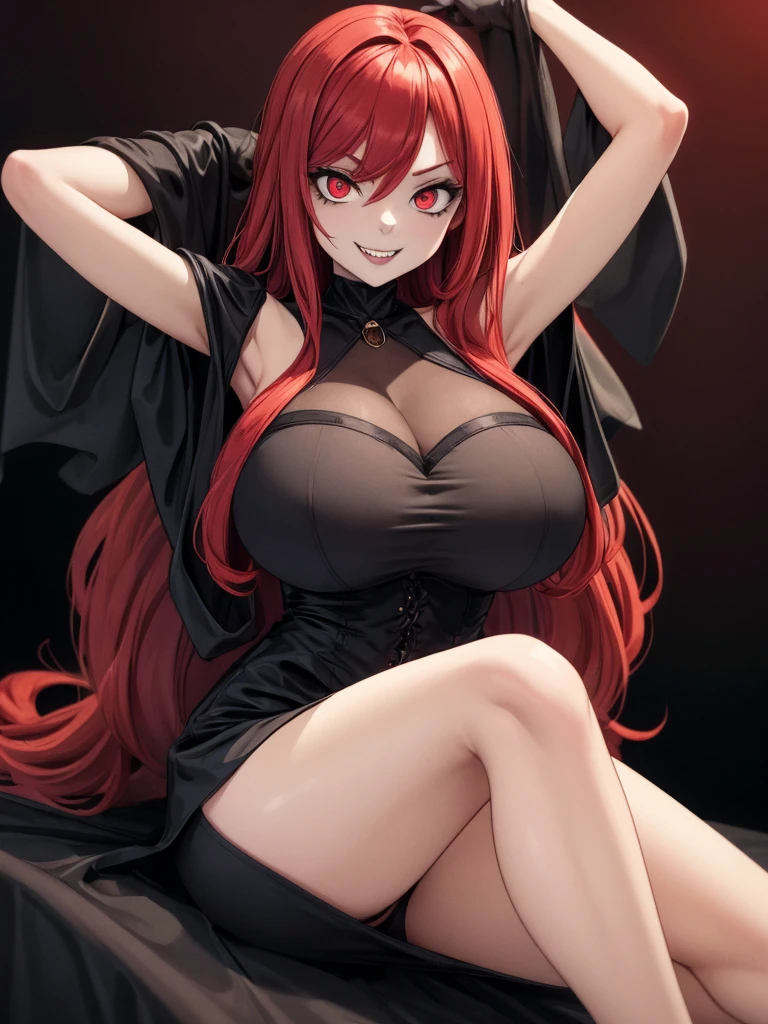 masterpiece, Highest quality, High resolution, One girl, alone, Modern vampires, Redhead, Long Hair, Open Hair, Red eyes, Wicked Smile, 牙 Redhead, Red and black outfit, Scary background, Big