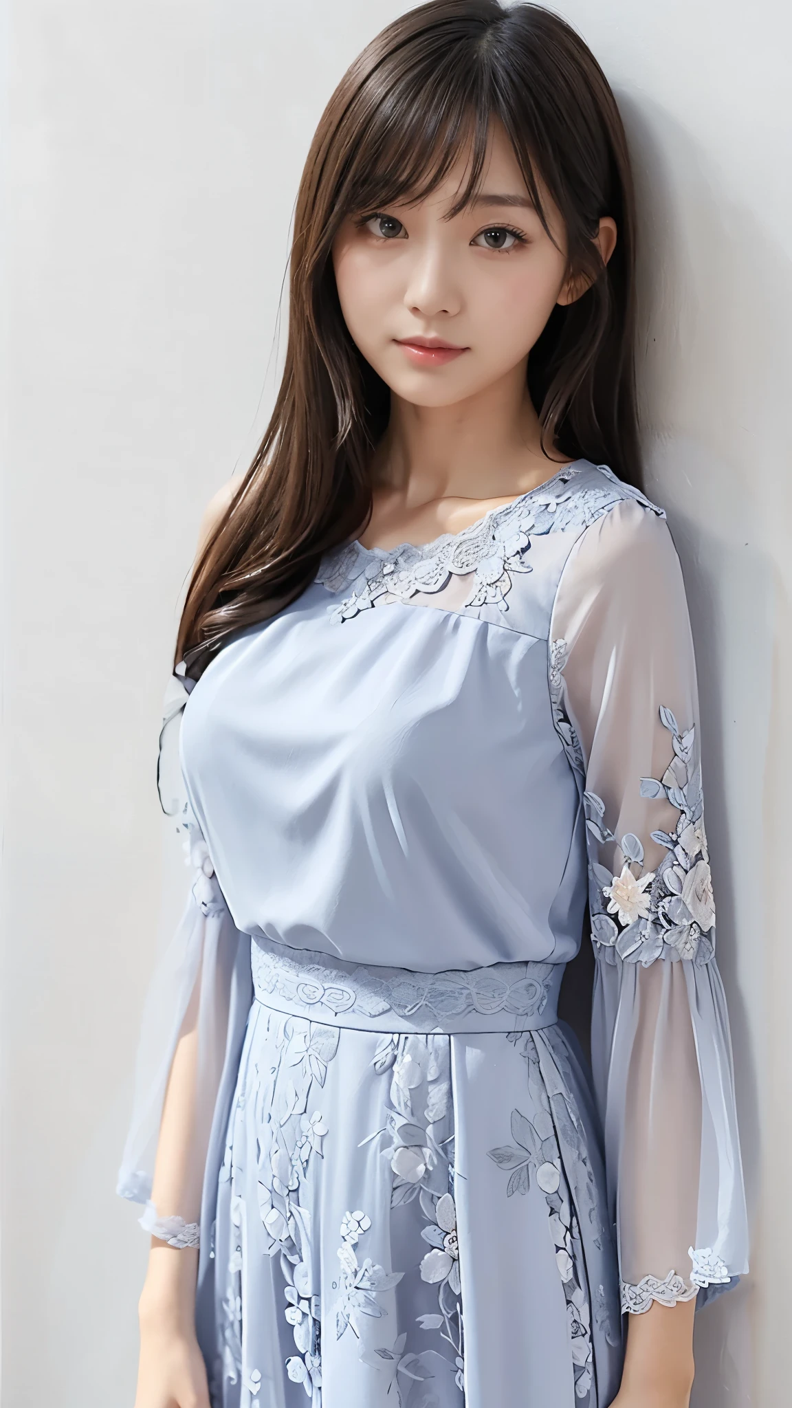A woman in a blue dress leaning against a wall - SeaArt AI