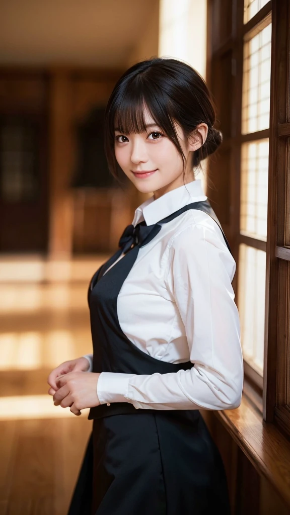 (highest quality,masterpiece:1.3,ultra high resolution),(Super detailed,caustics,8k),(photorealistic:1.4,RAW shooting),girl dressed as a butler,Japanese,boyish,smile,20-year-old,black hair short cut,looking at the camera,Inside a Western-style mansion,shot from the waist up,front,face focus,Face close-up,(Warm light),professional writing