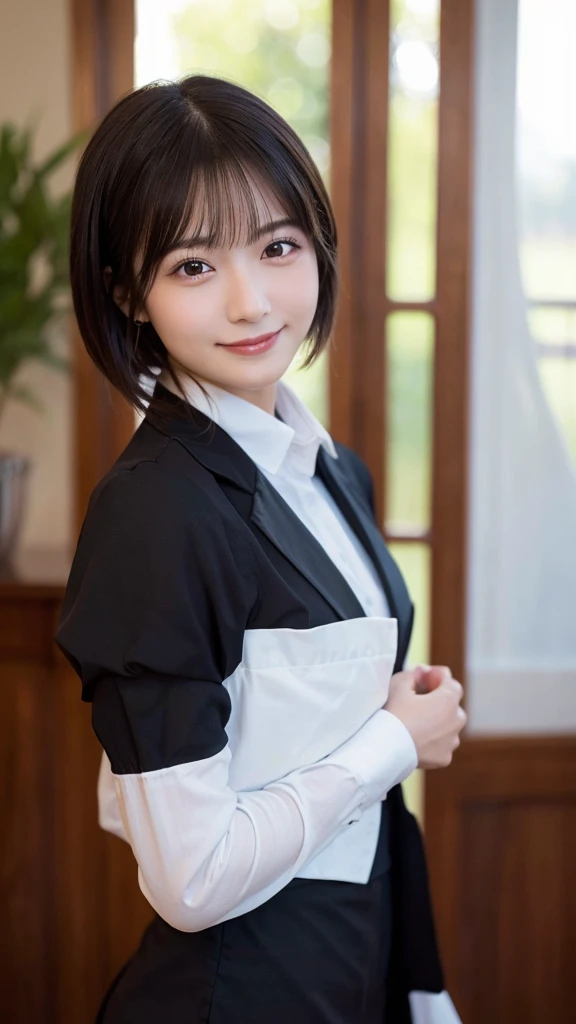 (highest quality,masterpiece:1.3,ultra high resolution),(Super detailed,caustics,8k),(photorealistic:1.4,RAW shooting),girl dressed as a butler,Japanese,boyish,smile,20-year-old,black hair short cut,looking at the camera,Inside a Western-style mansion,shot from the waist up,front,face focus,Face close-up,(Warm light),professional writing