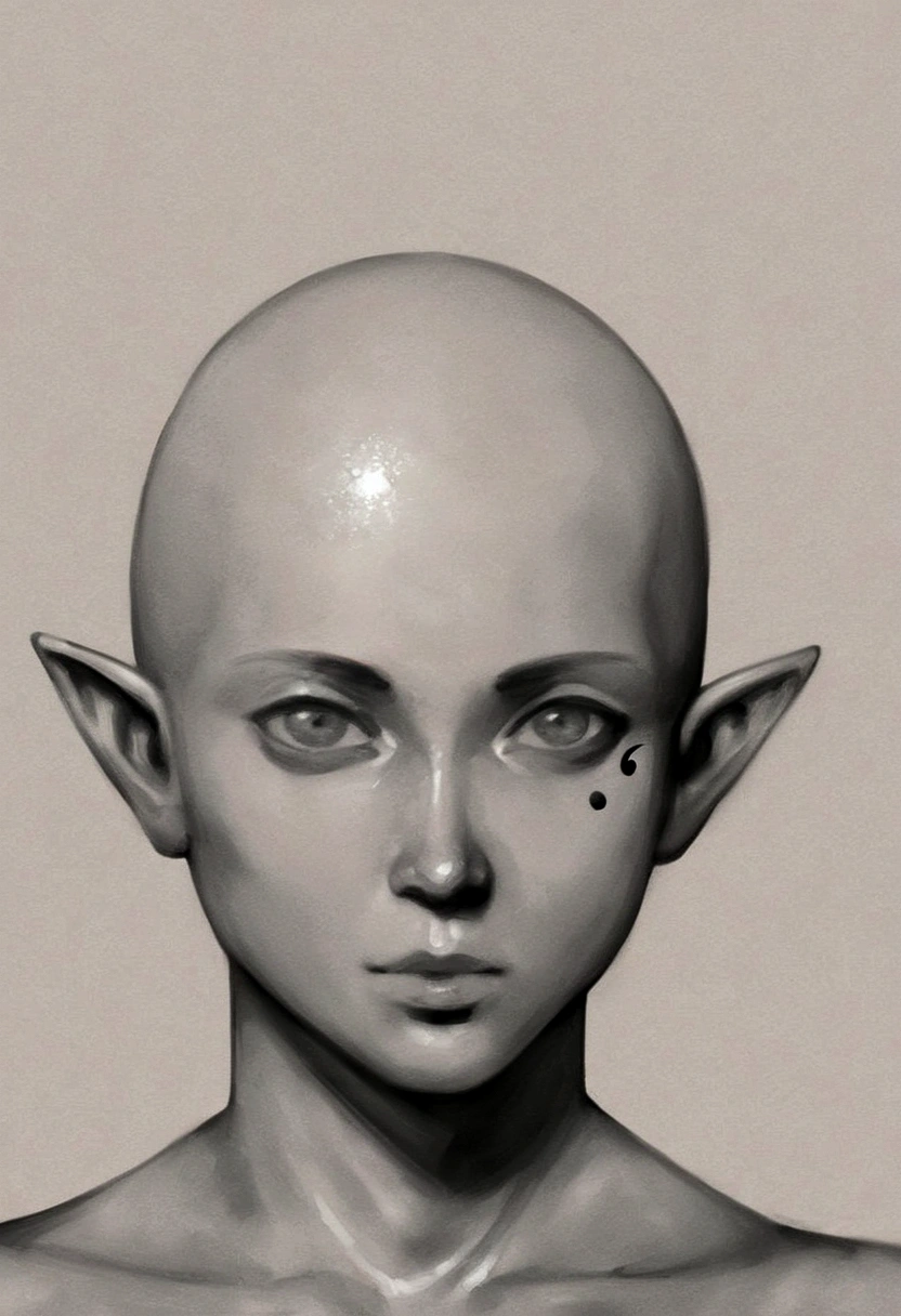 Monochrome chalk sketch of a young male albino elf, with bald head and black tattoos and eye, oil painting, close to face, portrait, teenager