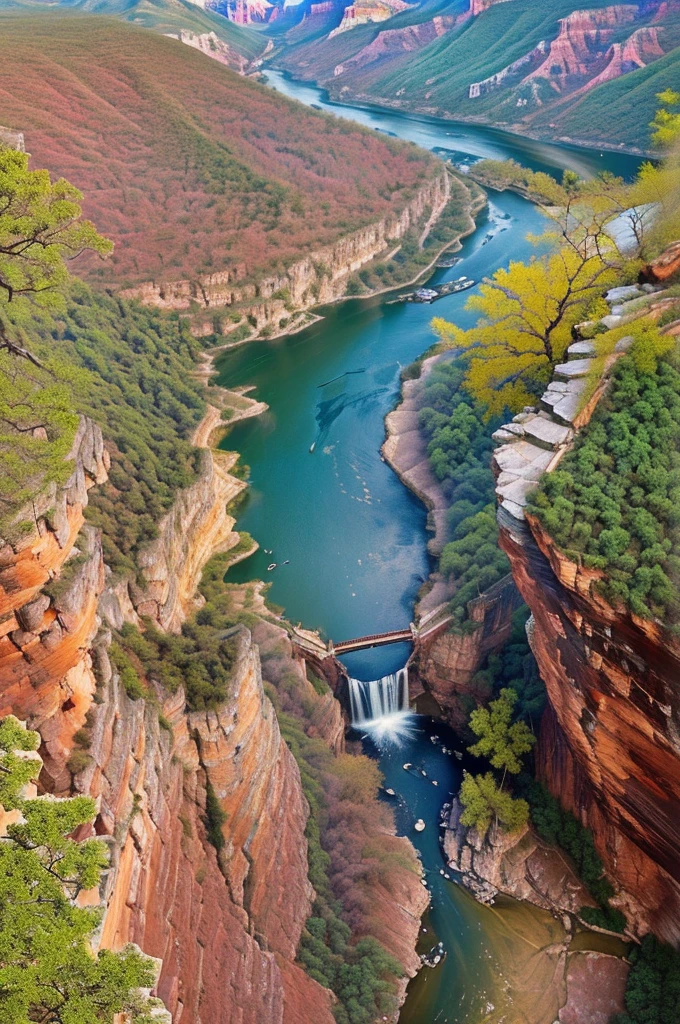 a view of a river running through a canyon surrounded by trees, Unbelievably beautiful, baotou china, Beautiful nature, ( Visually stunning, qiangshu, Beautiful images, The above points, Waterfalls and lakes, canyon, Very extremely beautiful, Stunning sight, scenery is beautiful, Xianxia, By An Zhengwen, very scenery is beautiful, 山中canyon