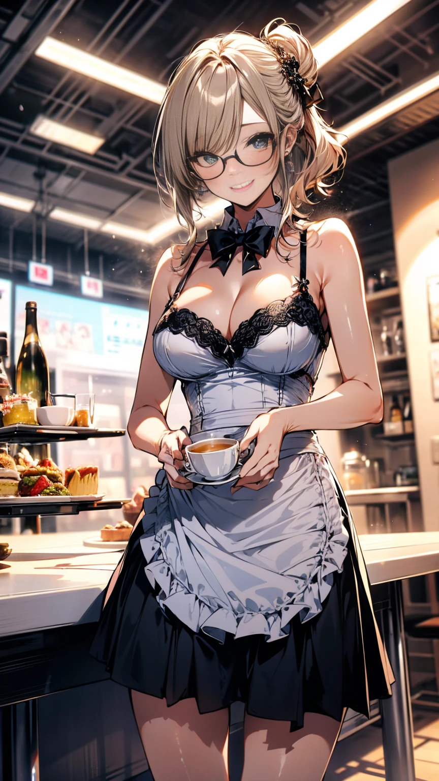 (Highest quality, masterpiece), (Ultra-high resolution, 8k RAW photos, Photorealistic:1.5, Cinema Lighting, Fabric Shading, Thin contours, Clear focus:1.2), Beautiful mature woman making tea_Garden party, Standing by the round table, Serve tea, Leaning forward, (Meisen tea set, you can, Tea cup, Some cakes on a plate), Delicate and elegant French style white table with gold accents and royal_green, (薄茶色のMaid clothesを着用:1.5, Cleavage, Maid clothes:1.2, Long Flared Skirt, apron, Bow tie on chest), Tall Sally, Long legs, Gray Hair, (Wearing thin glasses:1.2), (Mature Woman:1.5, 28 years old, alone), (Large Breasts, Saggy breasts, big , Tight waist), whole bodyesbian, (medium short Gray Hair, Hair on one eye, (Updo:1.2), Side Lock, Asymmetrical Hair, Wavy Hair), (thin and bright pupils, Highlighted, detailed eyes:1.3, A face with attention to detail, perfect face shape, Bloodshot eyes), (A seductive smile, Half-close your eyes:1.2), (Looking at the audience:1.3), (Dutch Angle, whole body:0.3, From below:1.2), ((Correct Anatomy:1.5, The right move)), (Ideal body proportions), (Outdoor:1.2, grassland), 