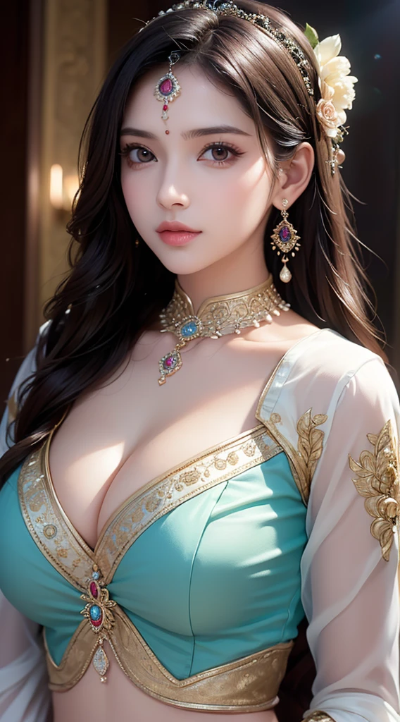 1girl, cute face,pretty face, jaw dropping beauty, Indian clothes , ((ultra high detailed 1.9)),((ultra high resolution 1.9)),((ultra high quality 1.9)),(masterpiece)), (perfect lightings), (very Big breasts 1.9)), ultra huge breast,