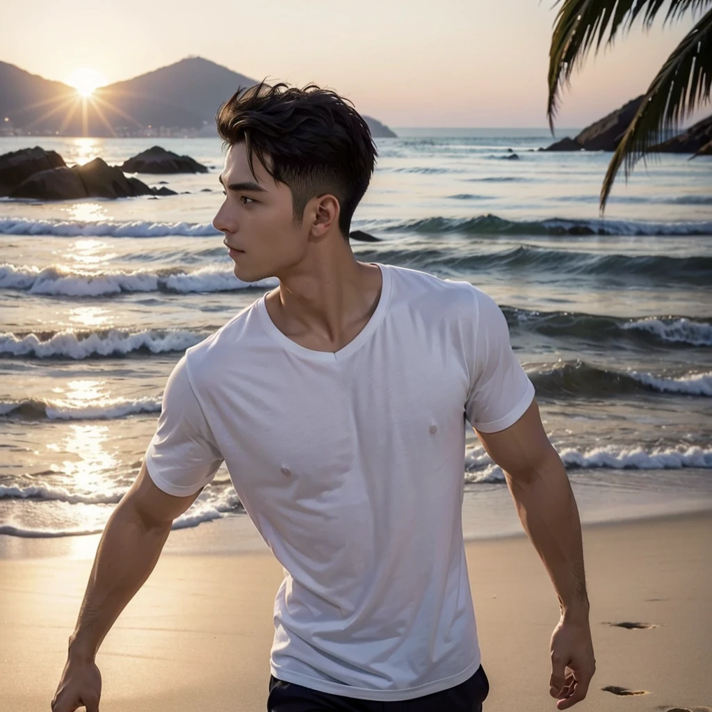 a very handsome man as if he came out of a men's shower gel advertisement, book cover boy(wondering), t-shirt, active, he is in Right side view. on the serene beach normally sunset view, ultra wide angle
, crowded