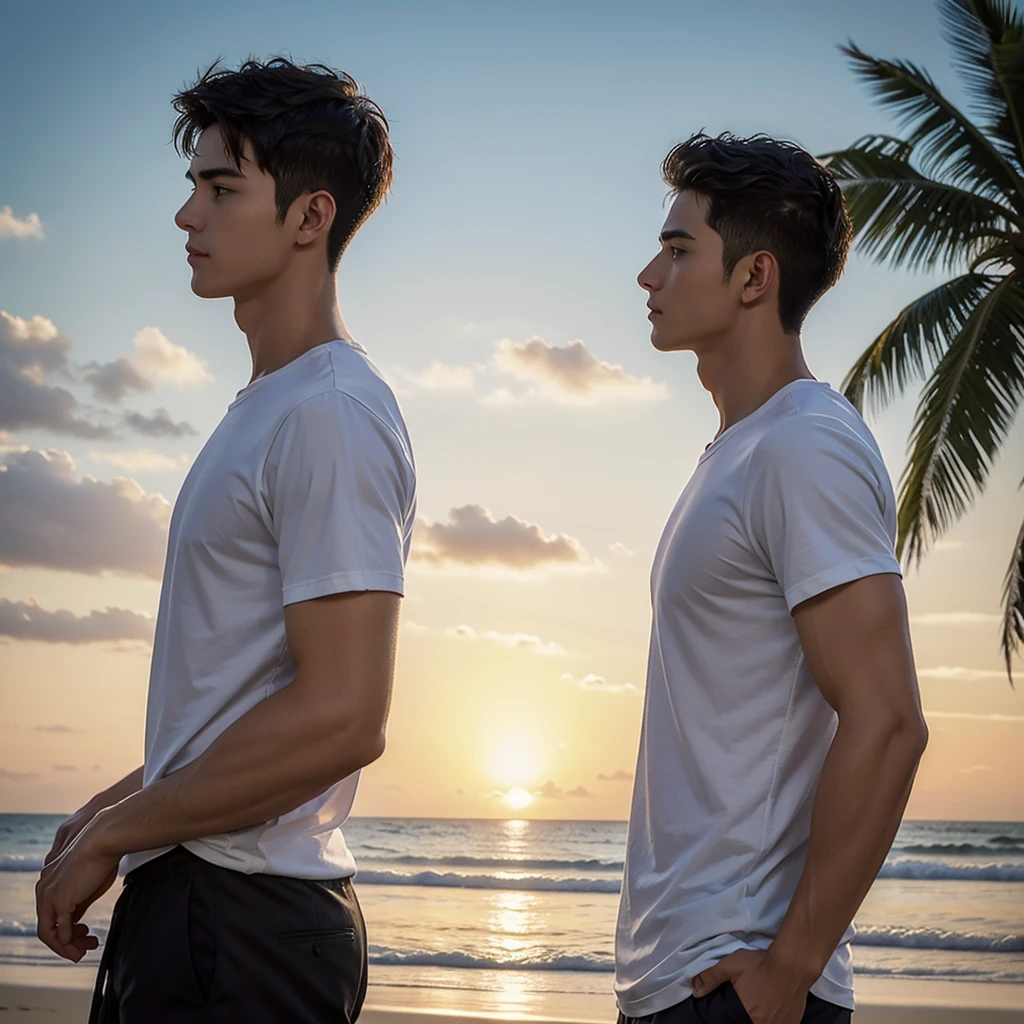 a very handsome man as if he came out of a men's shower gel advertisement, book cover boy(wondering), t-shirt, active, he is in Right side view. on the serene beach normally sunset view, ultra wide angle
, crowded