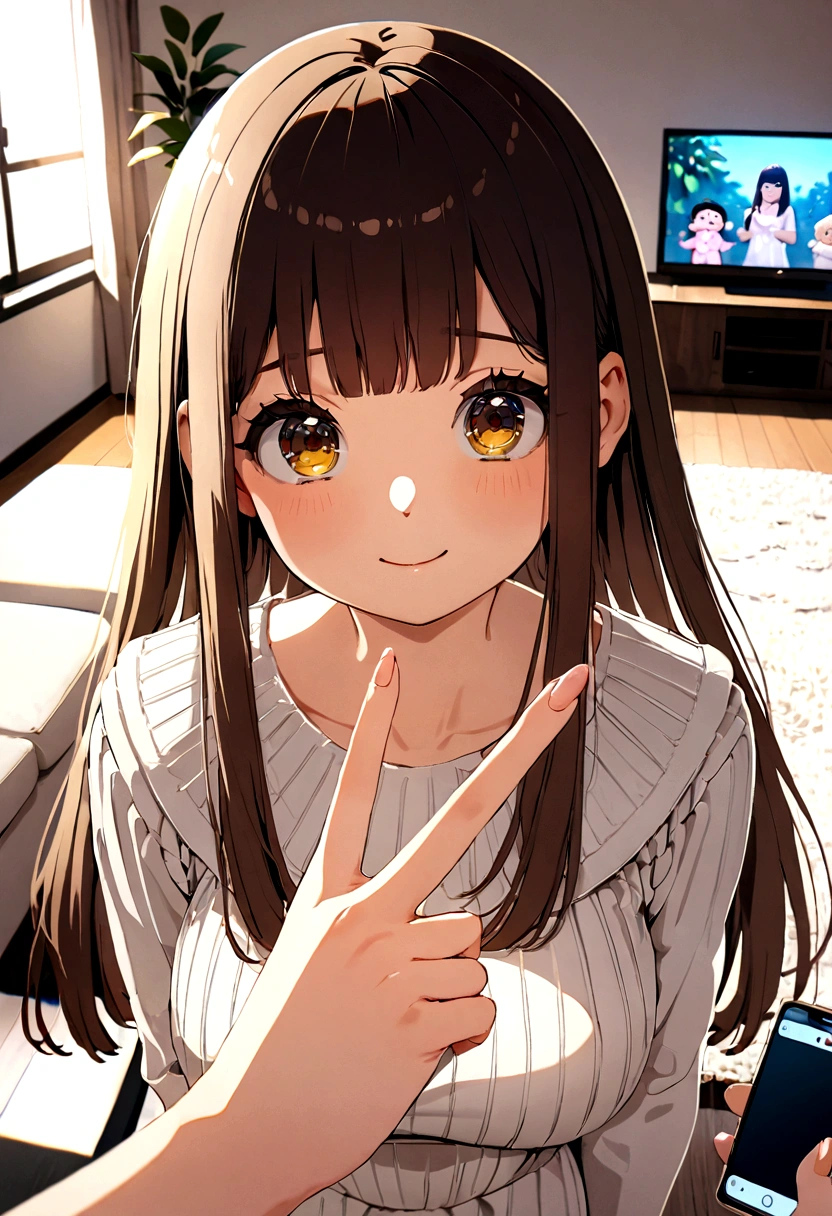 ((1girl)),  super fine illustration, vibrant colors, absurdres extremely detailed CG, 8k wallpaper, (masterpiece:1.3), dynamic angle, dynamic pose, 
best quality, depth of field, cinematic lighting, ultra detailed, brown long hair, very straight hair, large breast, white knit dress , 20yo, cute, very baby face, brown eyes, kawaii, smile, droopy eyes, arms at sides, smartphone, modern living room, peace fingers, The screen of the smartphone in his hand is facing towards me