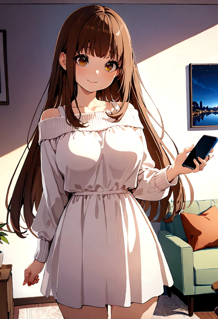((1girl)), super fine illustration, vibrant colors, absurdres extremely detailed CG, 8k wallpaper, (masterpiece:1.3), dynamic angle, dynamic pose,
best quality, depth of field, cinematic lighting, ultra detailed, brown long hair, very straight hair, large breast, white knit dress , 20yo, cute, very , brown eyes, kawaii, smile, droopy eyes, arms at sides, smartphone, modern living room, peace fingers, The screen of the smartphone in his hand is facing towards me
