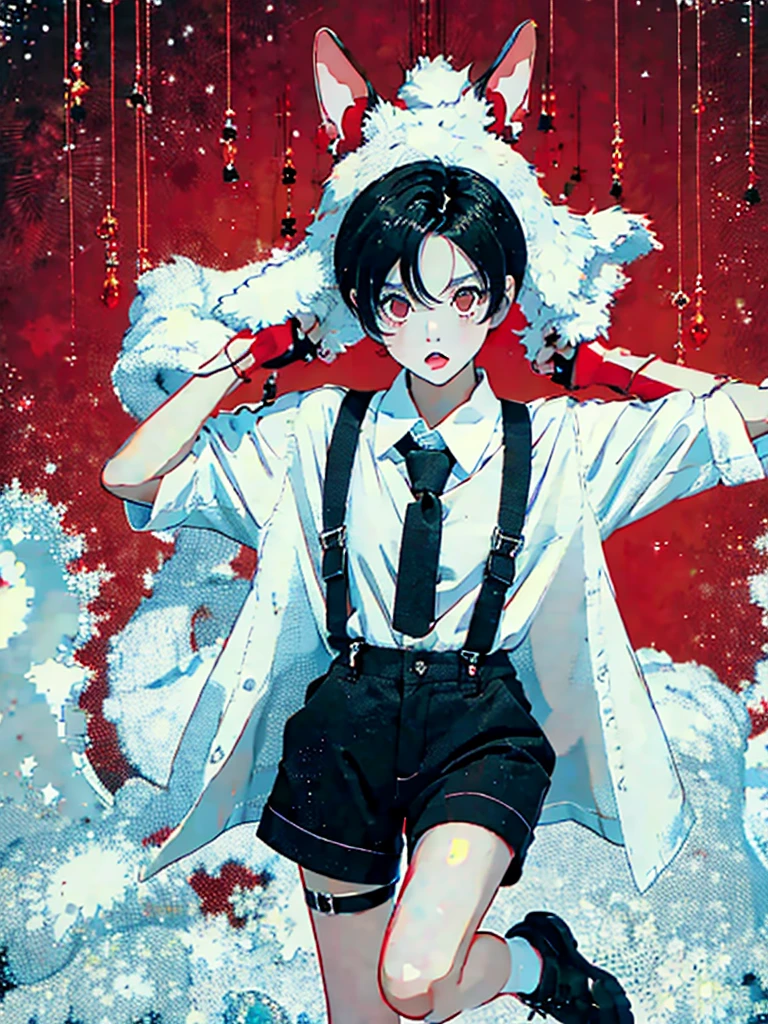 boy short messy black hair and red eyes,,white shirt with suspenders and short black shorts with long tie,jelly anime style, unique poses