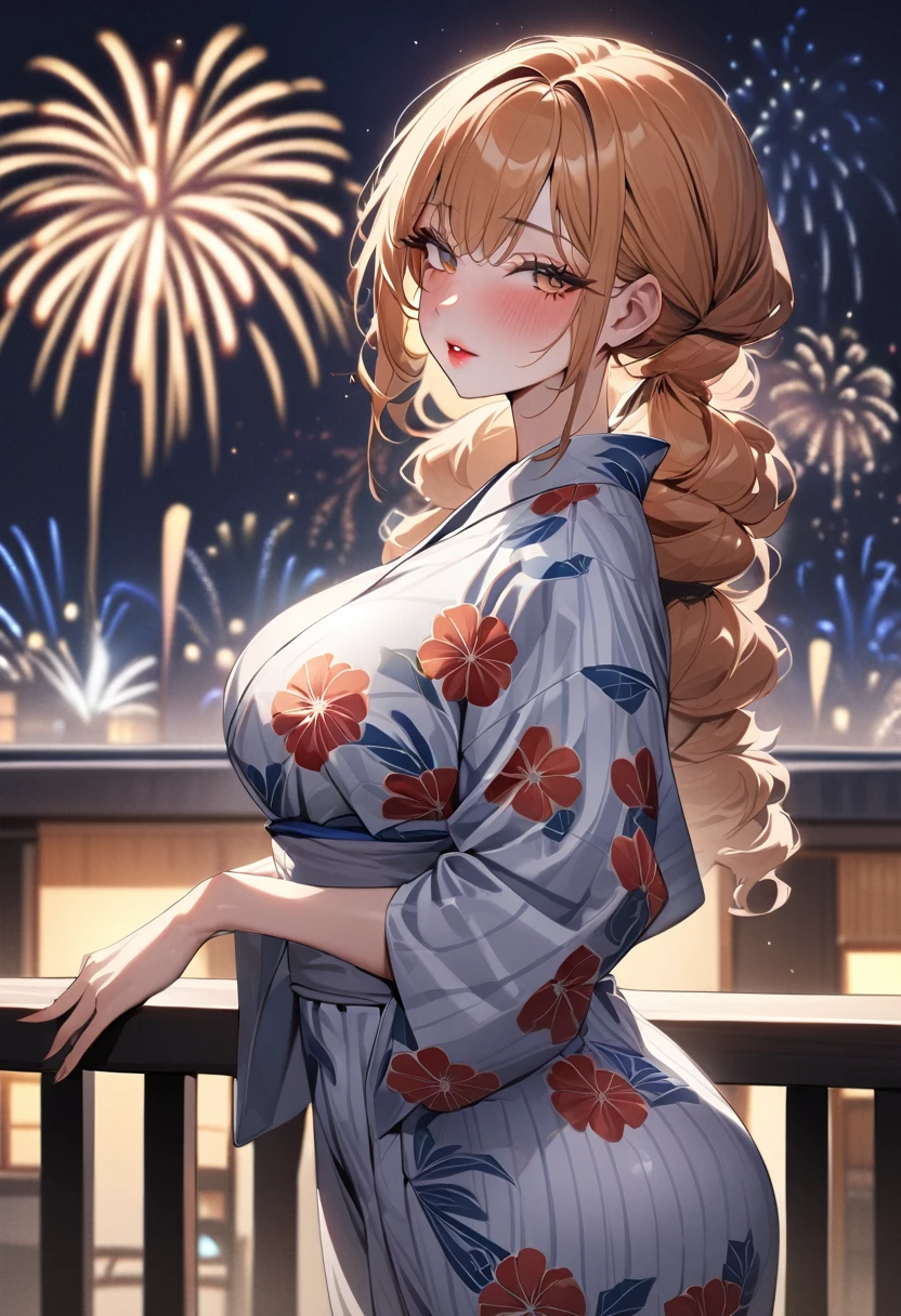 1girl,solo,super detailed skin,shiny skin,natural face ,half open eyes,eyelashes,lips gloss,pale orange hair,multi-tied hair,large breasts,floral printed yukata ,night rooftop,fireworks ,cowboy shot,masterpiece,best quality,ultra detailed,high resolution,sharp focus,depth of field