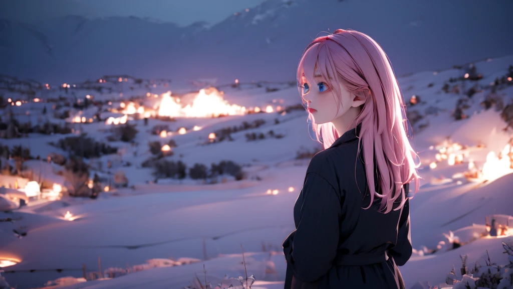 1 Girl , Girl medium light Pink hair, light blue eyes, wearing black suit 4D, night town , 18+ , high res, ultrasharp, 8K, masterpiece, looking from behind