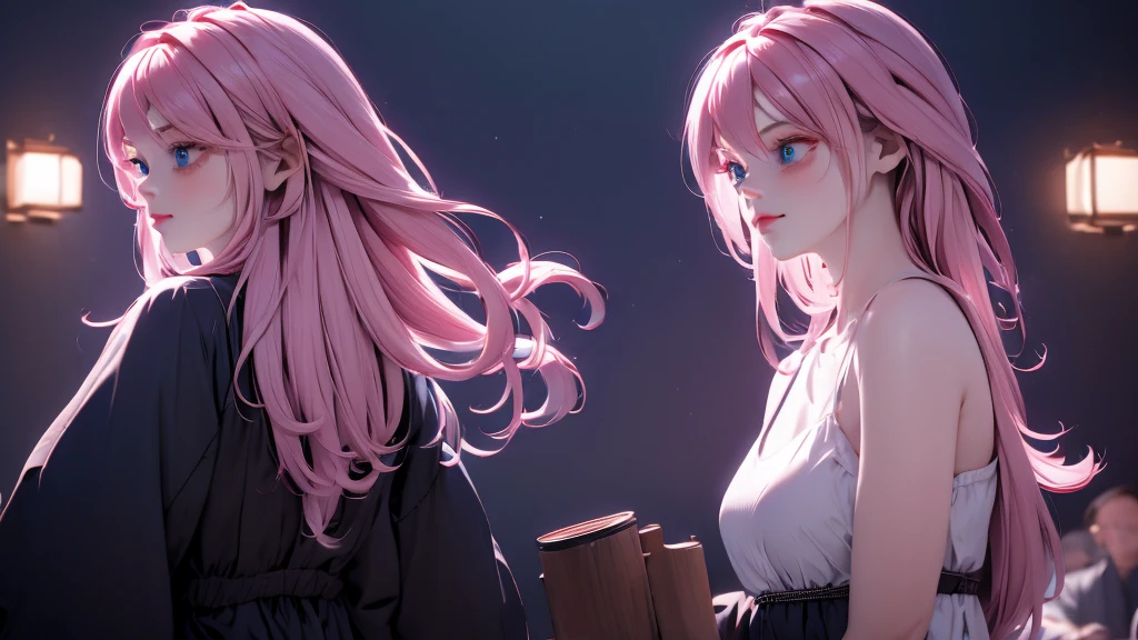 1 Girl , Girl medium light Pink hair, light blue eyes, wearing black suit 4D, night town , 18+ , high res, ultrasharp, 8K, masterpiece, looking from behind