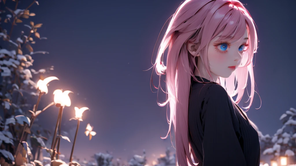 1 Girl , Girl medium light Pink hair, light blue eyes, wearing black suit 4D, night town , 18+ , high res, ultrasharp, 8K, masterpiece, looking from behind