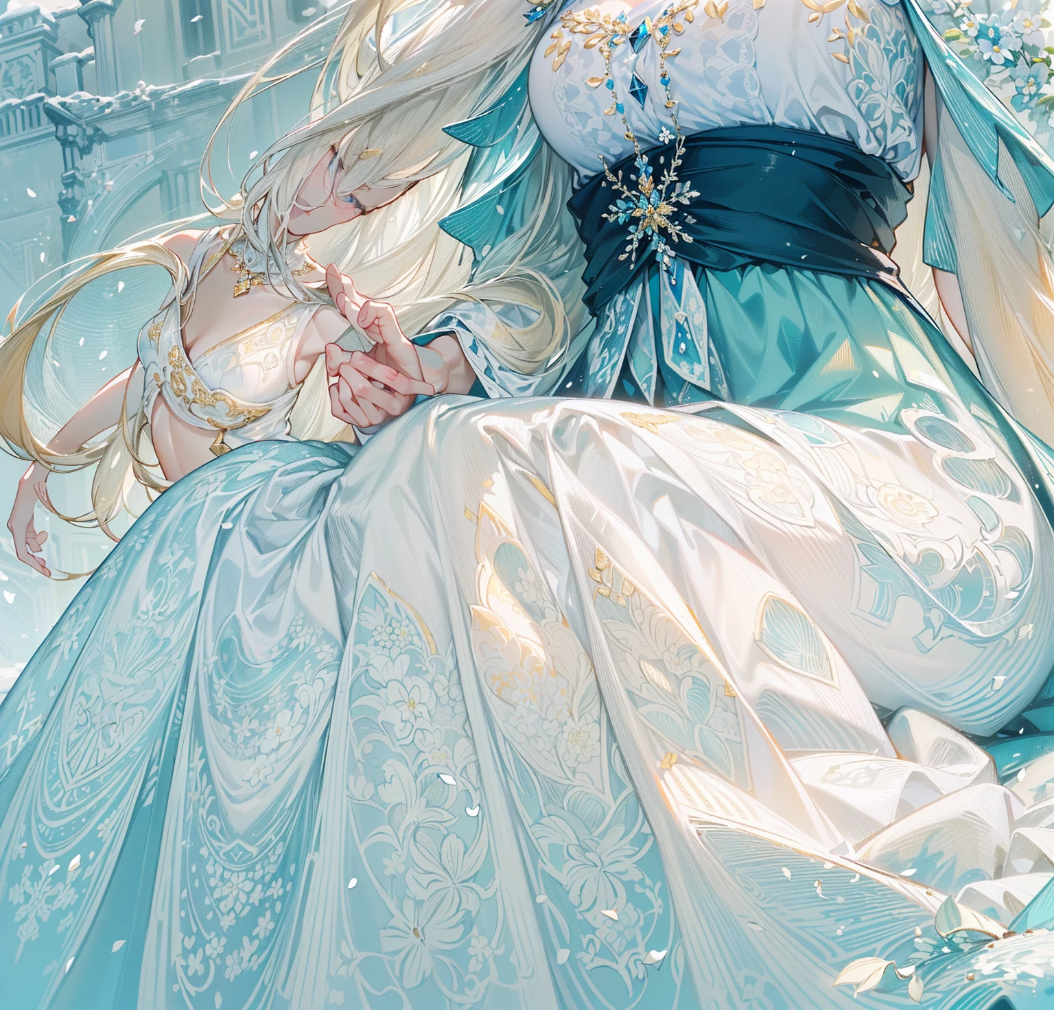((best quality,masterpiece,Extremely complex and exquisite details,The body of a sweet and beautiful girl with long white straight hair and blue eyes,Smile,long skirt)),(Exquisite light blue and white snow clothing,Beautiful bright and exquisite snow white ancient style high transparent architectural background),(Correct hand anatomy),(Snow,Falling Flowers,Majestic and elegant outdoors),sitting