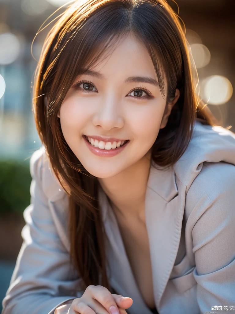 masterpiece,best quality,(Japanese ),((Beautiful girl)),cleavage,(perfect body beauty:1.2),(shy smile),beautiful teeth,(Blurred background of brick buildings),