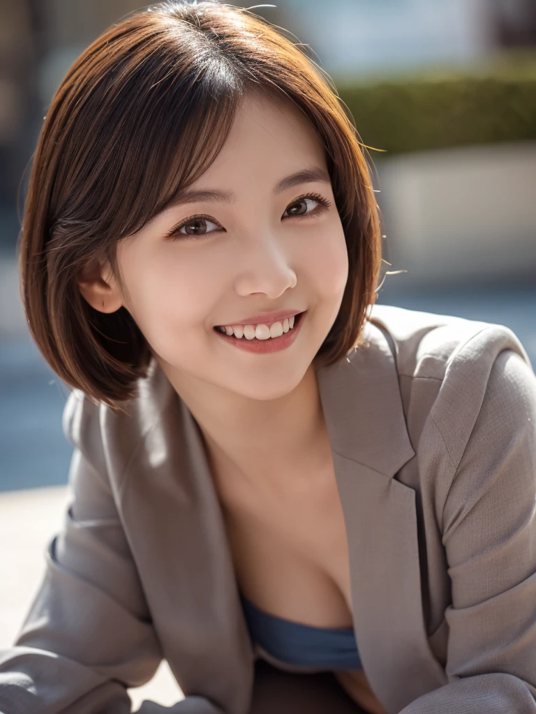 8k, (Raw photo:1.2), (Photorealsitic), Beautiful detailed, Famous popular actresses、 (Real: 1.4), extremely detailed eye and face, beatiful detailed eyes, ((Dazzling night illumination plaza:1.2)), ((Women's Suits:1.3, Ultra-realistic pantyhose:1.2))、selfee、Instagram、harsh trial, Please look at the camera and raise your hand、huge filesize, hight resolution, ighly detailed, top-quality, [​masterpiece:1.6], illustratio, ighly detailed, nsfw, finely detail, top-quality, 8k wallpaper, Cinematographic lighting, 1 milf, 19 year old, perfect body type, Beautiful big drooping eyes、Pieckfinger, ((masutepiece)), Best Quality, eye shadow,  high-heels、Portrait、(Very affectionate smile:1.2)、realistic skin textures、shinny skin、Exposed thighs, low angle photo, inverted nipples,