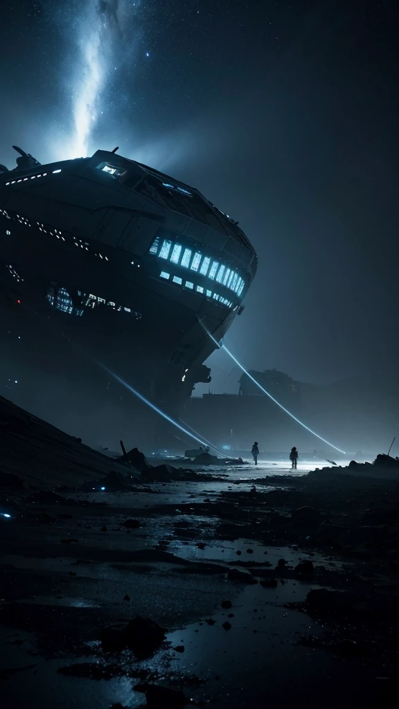A hauntingly dark scene set in the vast emptiness of space. In the foreground, a derelict spaceship drifts aimlessly, its once sleek and shiny exterior now battered and covered in alien growths and debris. The ship’s lights flicker sporadically, casting eerie shadows. The background shows the infinite expanse of stars and a distant, menacing nebula swirling with dark and ominous colors. In one of the spaceship’s shattered windows, a glimpse of a monstrous entity with glowing eyes can be seen. The title "Echoes of the Void" is written in a chilling, futuristic font, glowing faintly with an otherworldly blue hue. The overall tone of the cover is dark and foreboding, hinting at the horror and mystery within.