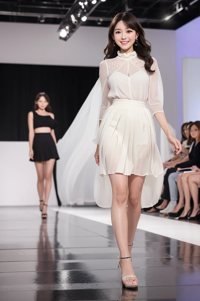 The finely pleated skirt sways gracefully.、Sheer blouse、Walking towards me on the runway at a fashion show、The eyes are round and large.、A woman with a cute smile that shows her white teeth, a large bust, a small waist, and a slender figure.、White skin、Japanese woman with long wavy hair、A cute round-faced 20-year-old girl、Slim figure、Wearing high heels、A bright, photographic-quality image showing your entire body, from your high heels to your head、Walking towards me on the runway at a fashion show