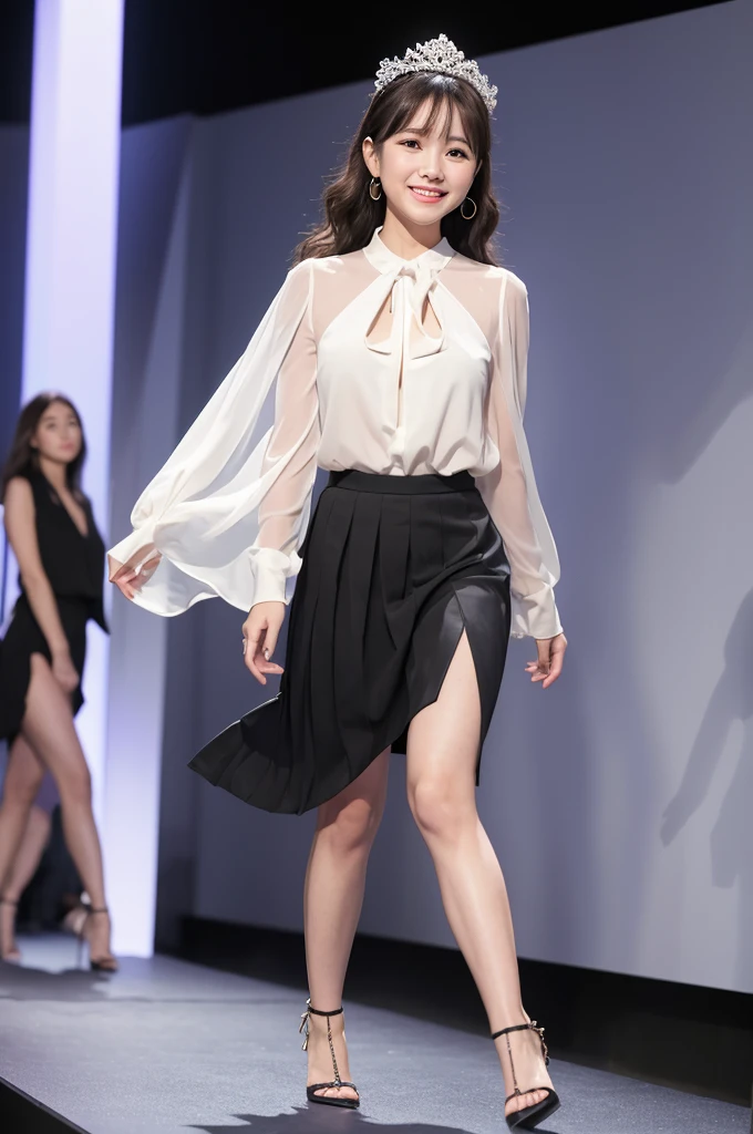 The finely pleated skirt sways gracefully.、Sheer blouse、Walking towards me on the runway at a fashion show、The eyes are round and large.、A woman with a cute smile that shows her white teeth, a large bust, a small waist, and a slender figure.、White skin、Japanese woman with long wavy hair、A cute round-faced 20-year-old girl、Slim figure、Wearing high heels、A bright, photographic-quality image showing your entire body, from your high heels to your head、Walking towards me on the runway at a fashion show