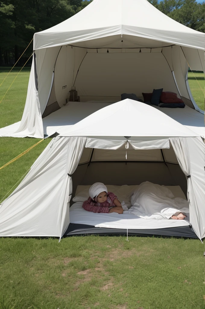 Create a large cloth tent with two characters coming out of it, It's night